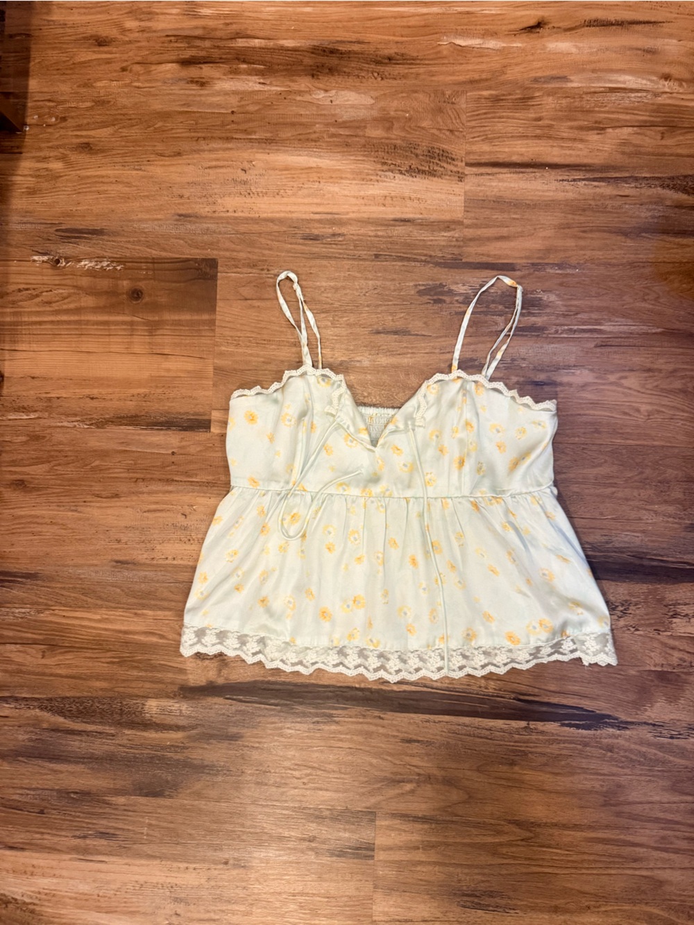 American Eagle Outfitters Yellow Floral Lace-Trim Tank Top